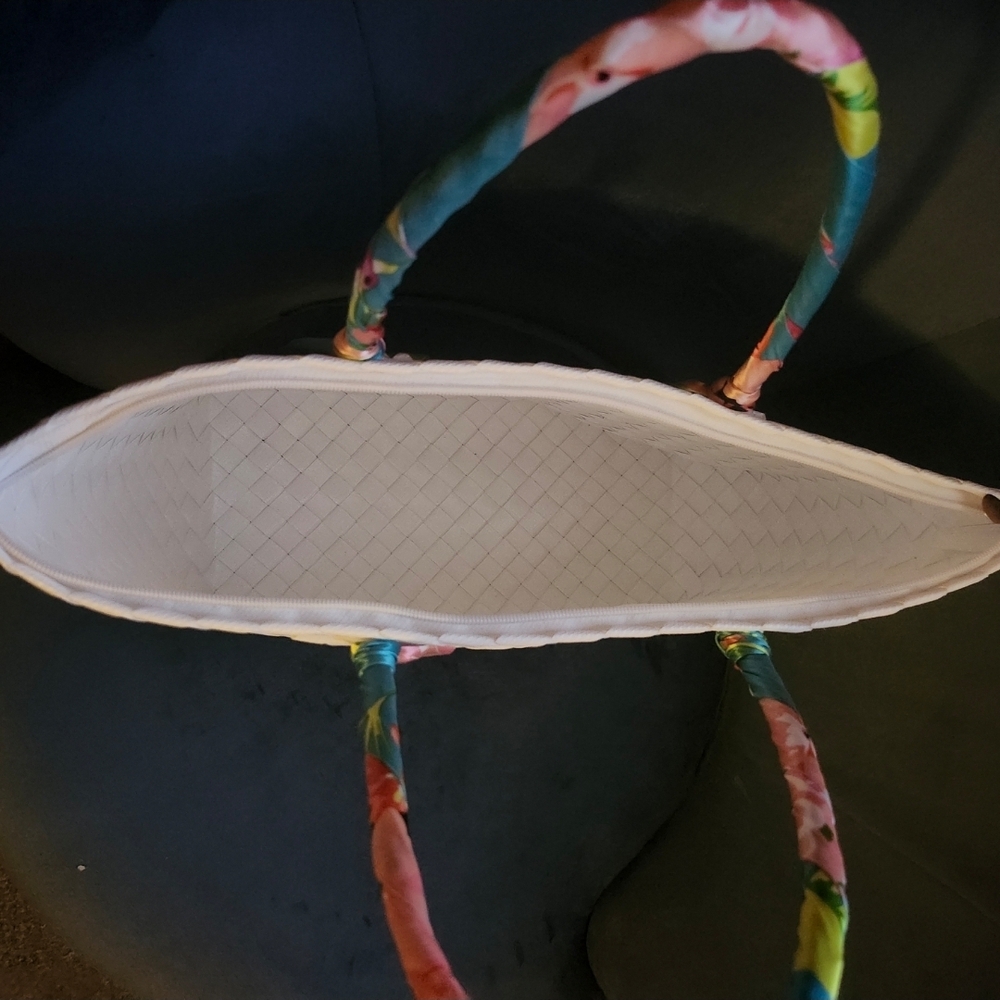 Brand New White Woven Tote Bag with Butterfly and Bamboo Design - Picture 6 of 7